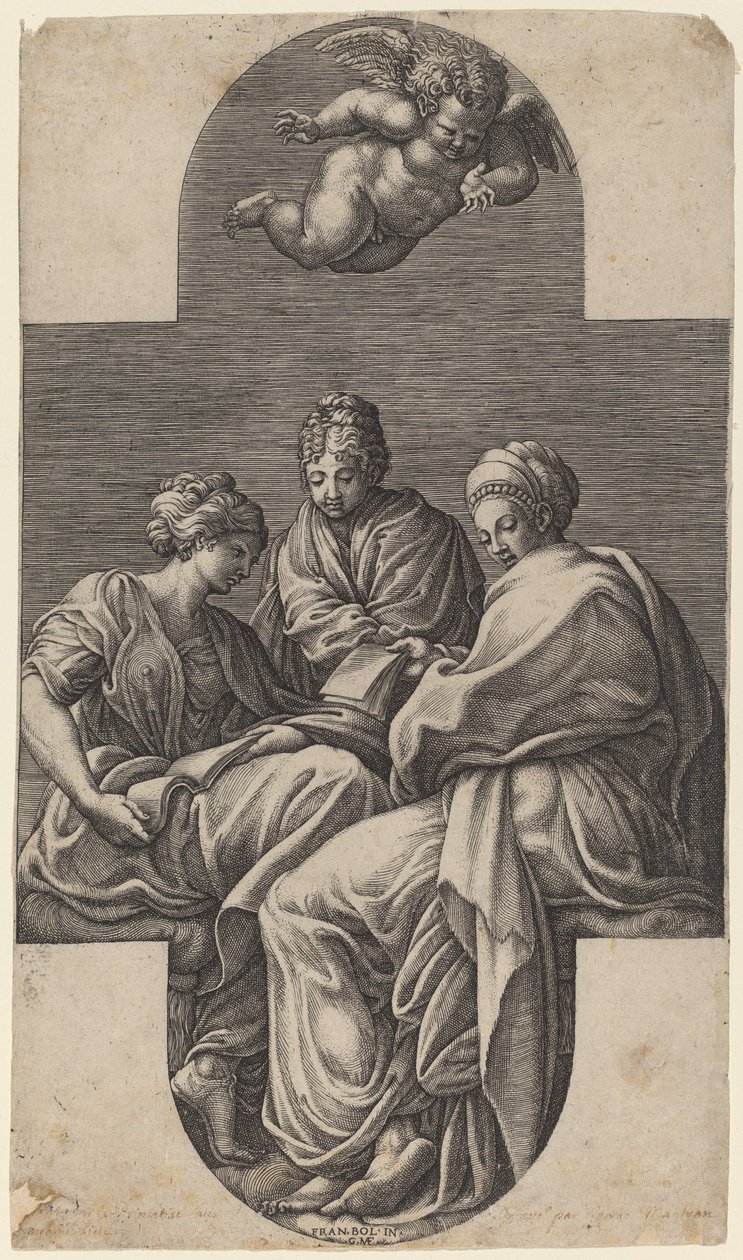 Üç İlham Perisi ve İşaret Eden Bir Putto by Giorgio Ghisi after Francesco Primaticcio
