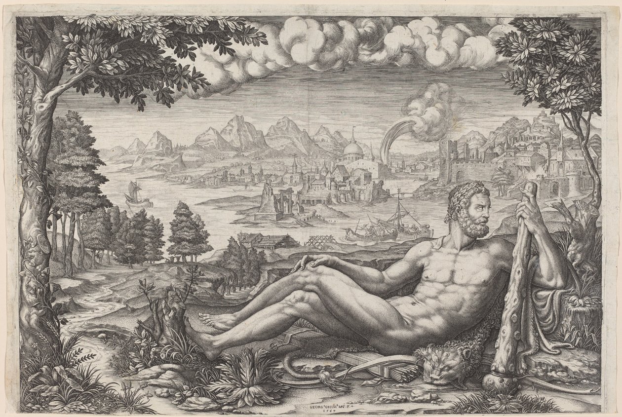 Emeklerinden Dinlenen Herkül by Giorgio Ghisi after Giulio Romano