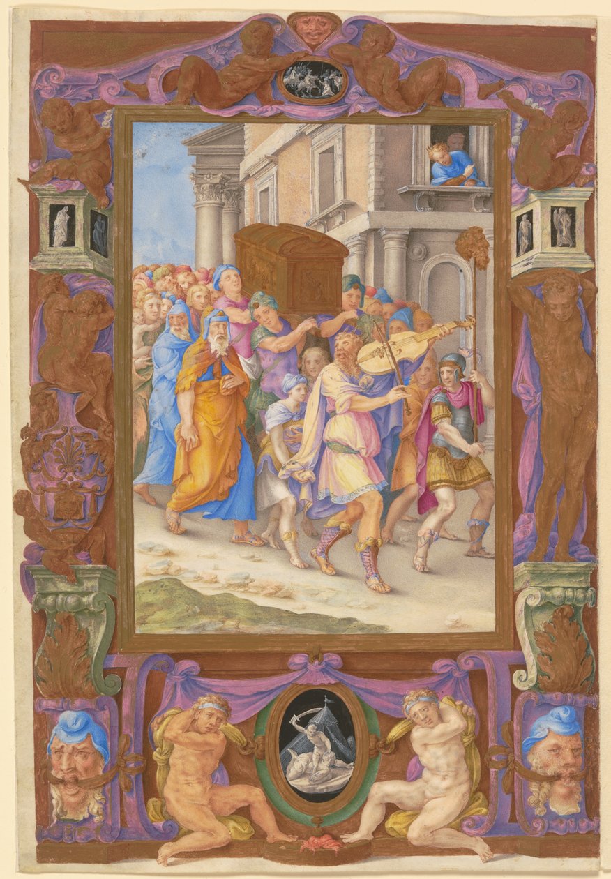 Kral Davut Ahit Sandığı Önünde Dekoratif Çerçevede Dans Ediyor, 1540 civarı (parşömen üzerine sulu boya ve gövde rengi) by Giorgio Giulio Clovio