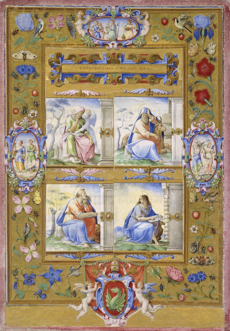 Çiçeklerin, Kuşların ve Böceklerin Sınırındaki Dört Müjdeci, 1572 by Giorgio Giulio Clovio