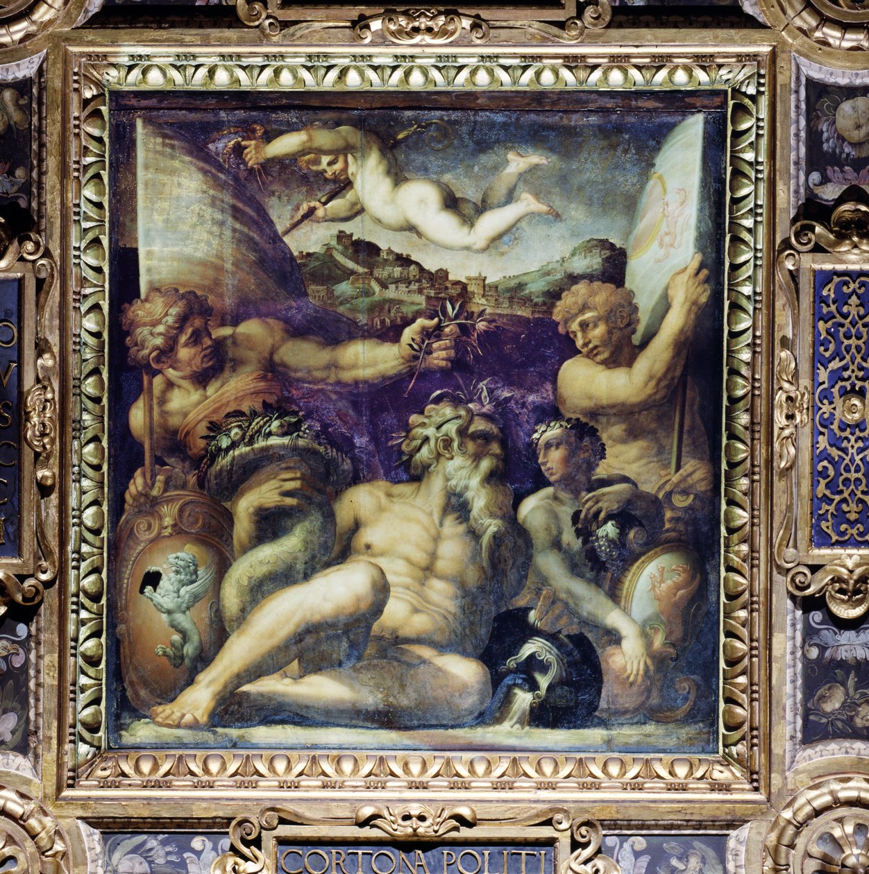 Salone dei Cinquecento'nun tavanından Cortona ve Montepulciano bölgelerinin alegorisi, 1565 (panel) by Giorgio Vasari