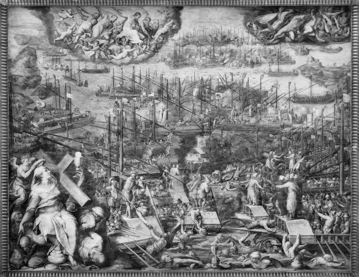 İnebahtı Savaşı (fresk) (s/b fotoğraf) by Giorgio Vasari