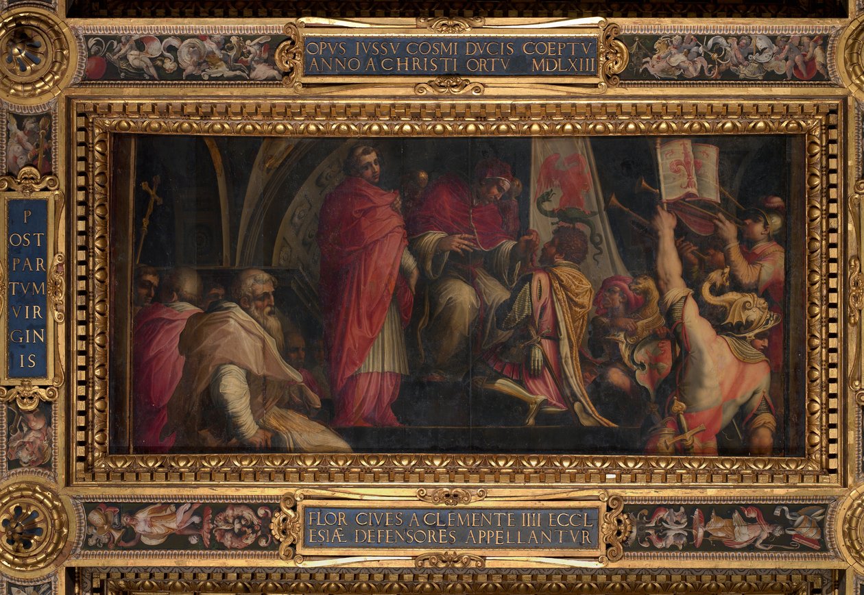Clemente IV nişanını Guelph Bölümünün kaptanlarına veriyor by Giorgio Vasari