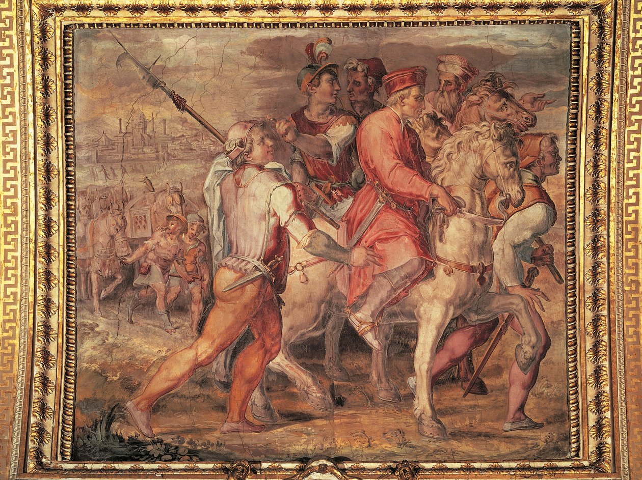 Cosimo I sürgüne gidiyor, fresk Giorgio Vasari (1511-1574). Salone dei Cinquecento (Beş Yüz Salonu), Palazzo Vecchio, Floransa. İtalya by Giorgio Vasari