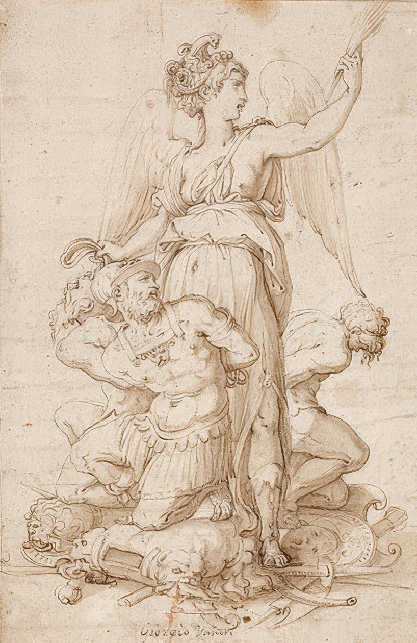 Palmiye dalı ile kanatlı Victoria ve kupalar üzerinde diz çökmüş üç mahkum. 1540 civarında by Giorgio Vasari