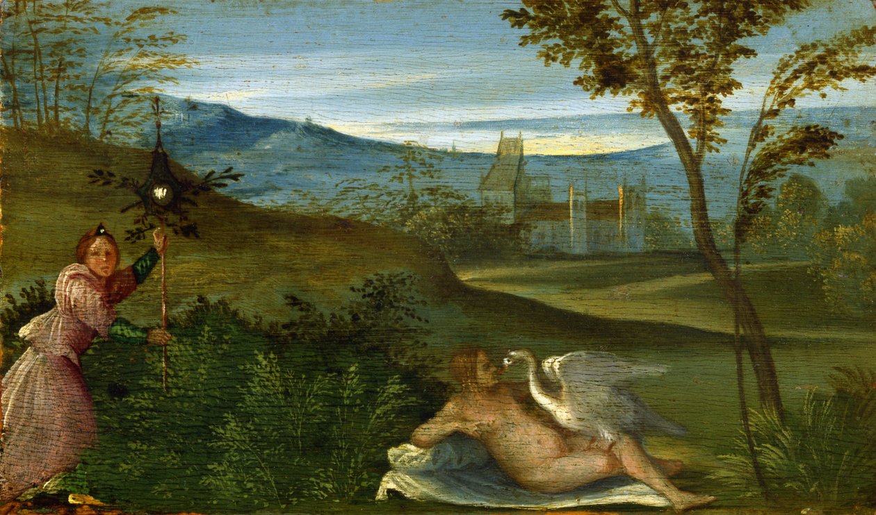Leda ve Kuğu - Giorgio da Castelfranco dit Giorgione'nin (1477-1510) tablosu, tuval üzerine yağlı boya, yaklaşık 1500 by Giorgione