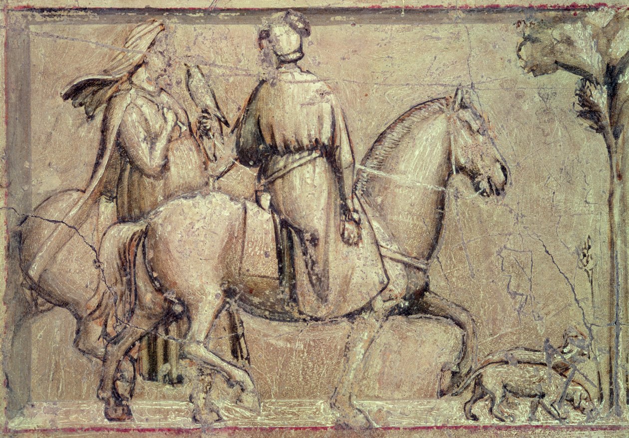 Allegory of Justice, before restoration (detail of two horsemen departing for the hunt with a falcon), 1305  by Giotto di Bondone