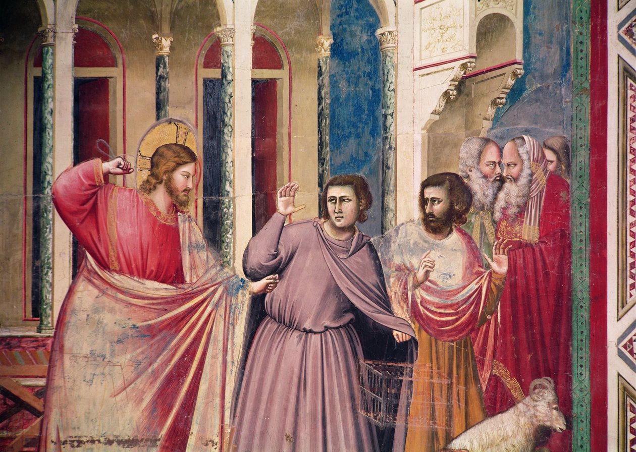 İsa Tapınaktan Tüccarları Kovalıyor, Mesih ve iki tüccar detayı, c.1303-05 (detay 444251) by Giotto di Bondone