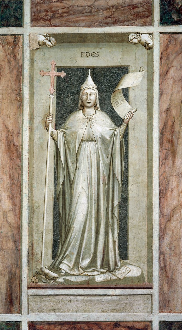 İnanç, Haçı tutan kadın figürü ve Vahyedilmiş Gerçeğin bir parşömen sembolü, bir idolü yok ederken ve Kabala sembollerinin üzerinde dururken, Giotto tarafından, fresk döngüsü The Vices and Virtues, restorasyondan sonra, Scrovegni Şapeli, Padua, Veneto, İta by Giotto (c.1266 1337)
