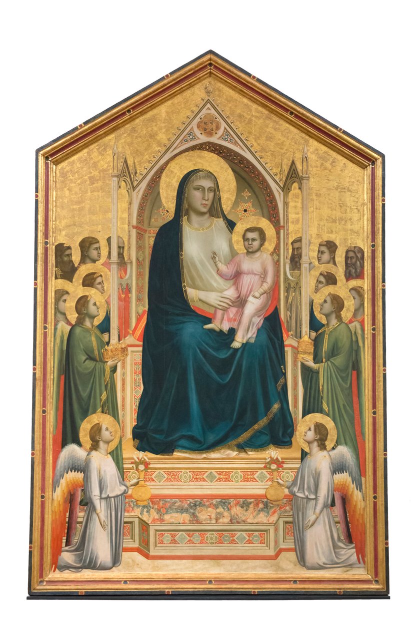 Melekler ve azizlerle taçlandırılmış Madonna ve Çocuk, "ognissanti maesta" by Giotto (c.1266 1337)
