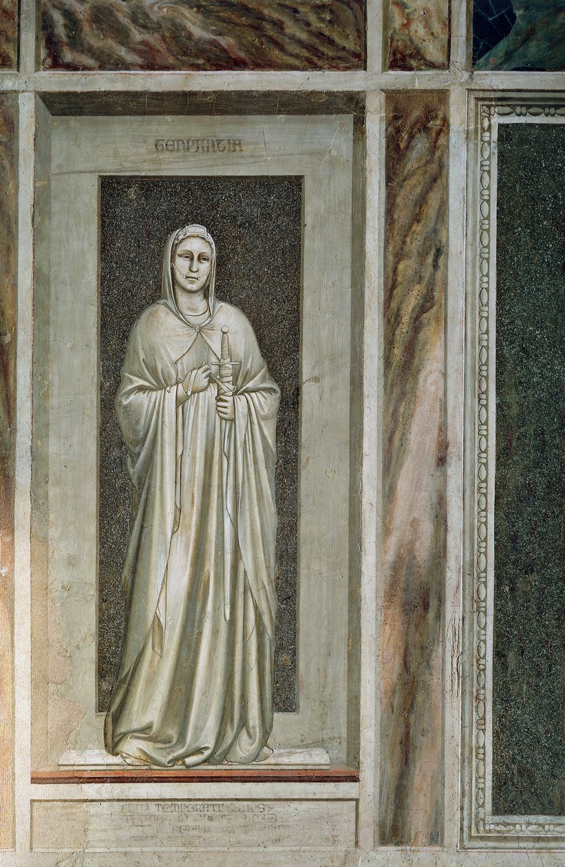 Temperance, kınına bağlı kılıcı ve ağzında kelimelerin kontrolünü simgeleyen bir dizgin ile nazik figür, Giotto tarafından, fresk döngüsünden detay The Vices and Virtues by Giotto (c.1266 1337)