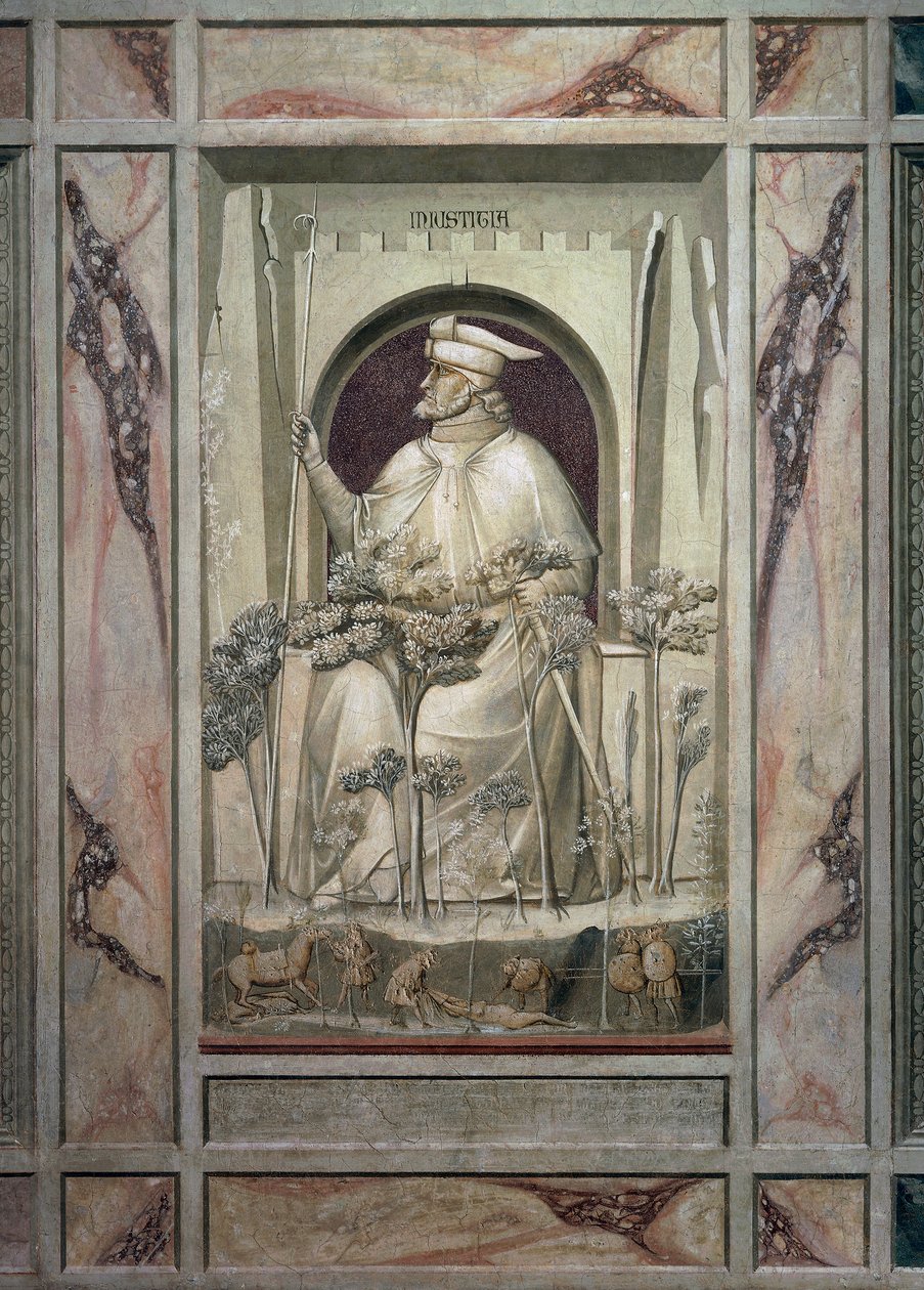 Adaletsizlik, önünde şer ağaçları büyürken elinde bir kılıç tutan yaşlı bir adam, Giotto tarafından, 2002