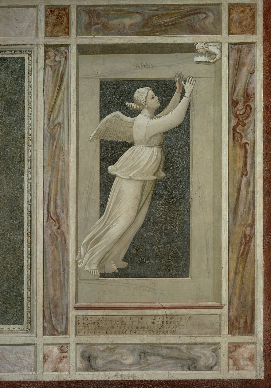 Umut, onu Cennete götürecek bir meleğe doğru uçan kanatlı kadın figürü, Giotto (1267-1337), fresk döngüsünden detay The Vices and Virtues by Giotto (c.1266 1337)
