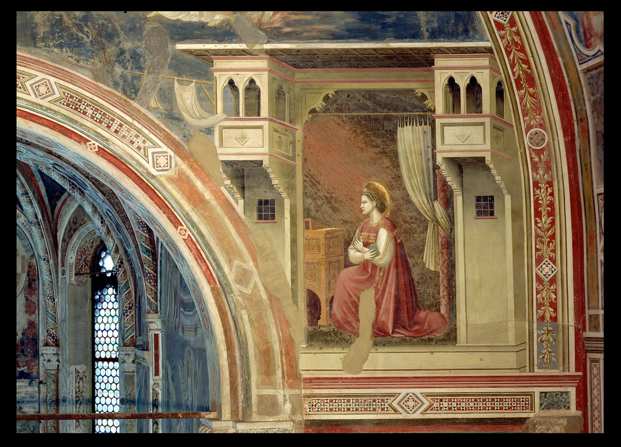 Müjde, Meryem Ana'nın mihrabın üzerindeki lunetten diz çökmüş detayı, c.1305 (fresk) by Giotto (c.1266 1337)