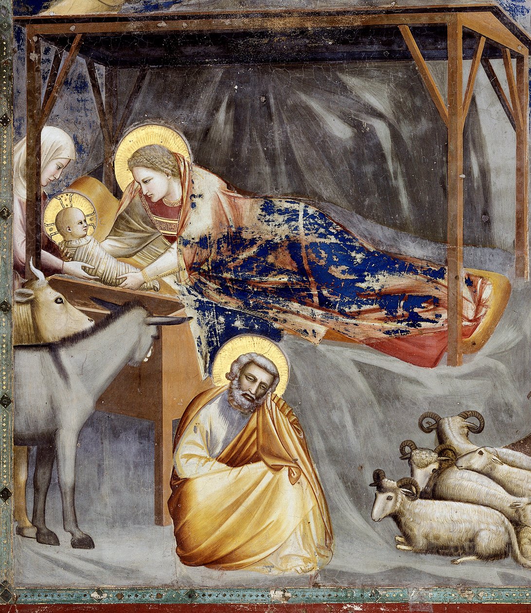 Doğuş, Bakire ve Çocuk detayı, eşek ve Yusuf, detay by Giotto (c.1266 1337)