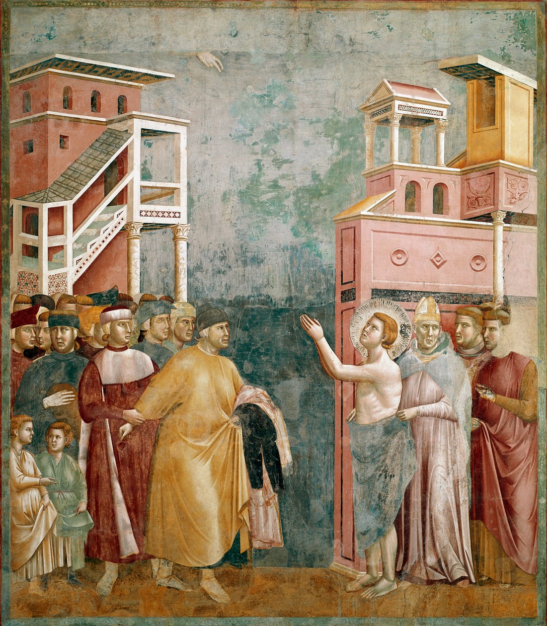 Mülkiyetten vazgeçme. Aziz François kıyafetleri babasına geri verir. Giotto di Bondone (1267-1337) tarafından yapılan boyama by Giotto (c.1266 1337)