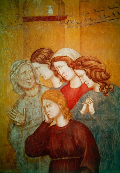 Aziz Francis, İtirafını Kolaylaştırmak için Çıplak Kadını Canlandırıyor, sağdaki kadın grubunun detayı, 1297-99 dolayları by Giotto di Bondone