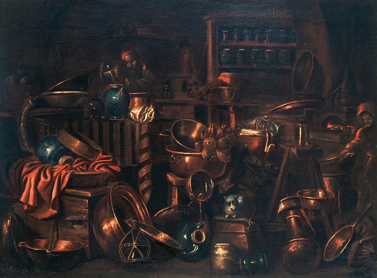 Simyacının laboratuvarı, Gian Domenico Valentino (1630-1708), İtalya tarafından yapılan resim by Giovan Domenico Valentino