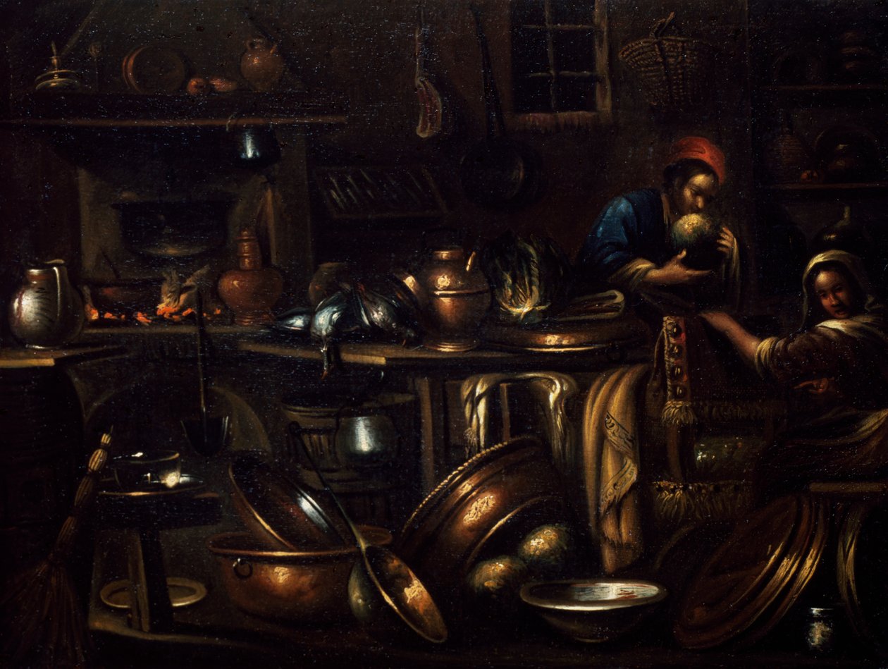 Mutfak iç mekanı, Gian Domenico Valentino (1639-1715), İtalya tarafından yapılan boyama by Giovan Domenico Valentino