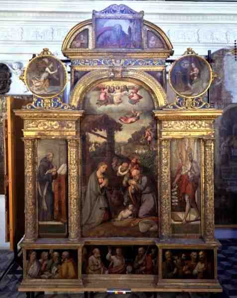 Doğuşu ve diğer dini sahneleri gösteren poliptik (panelde yağlı boya) by Giovan Filippo (School of) Crescuolo