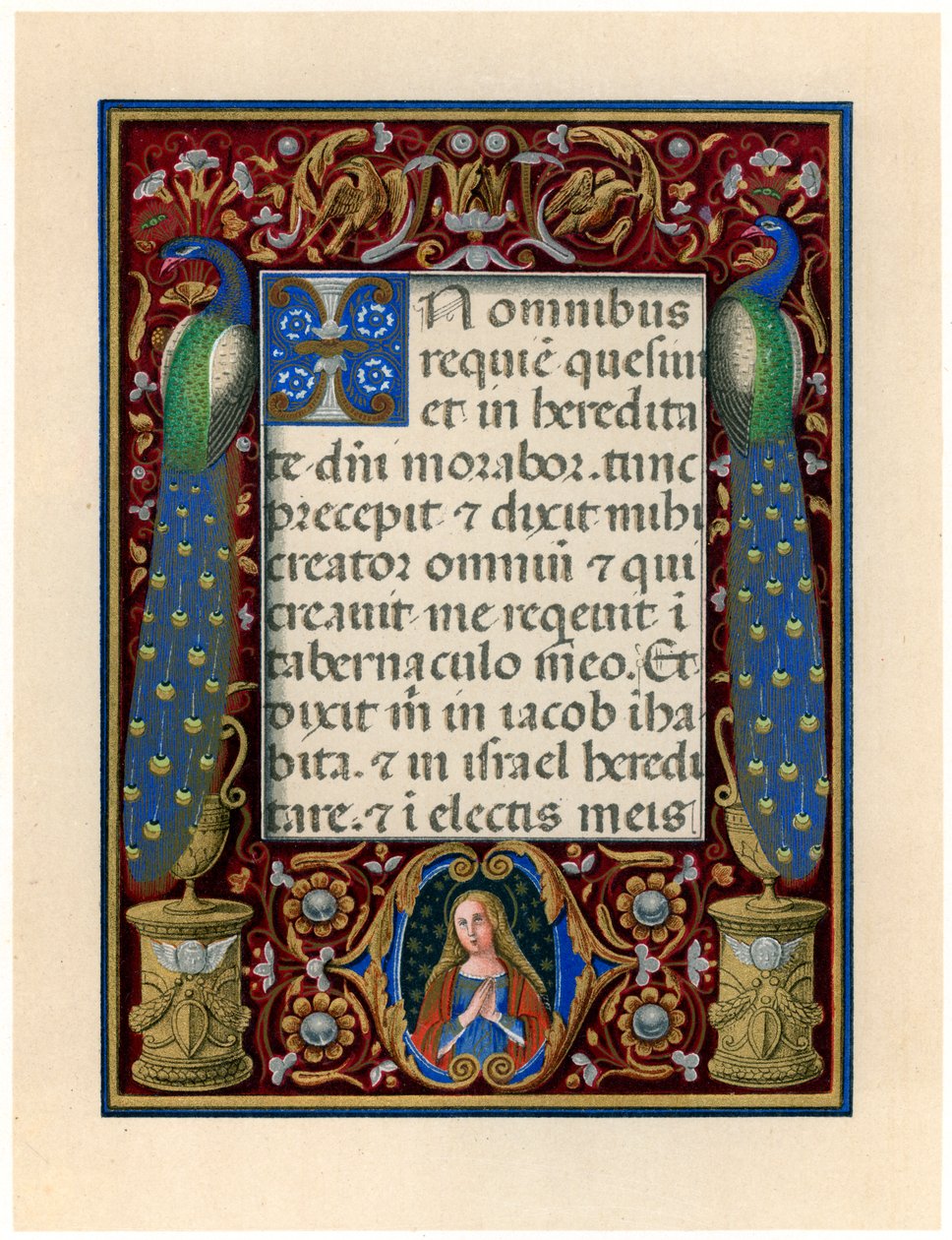 Bakire ve iki tavus kuşu içeren metin sayfası, c1490 by Giovan Pietro Birago