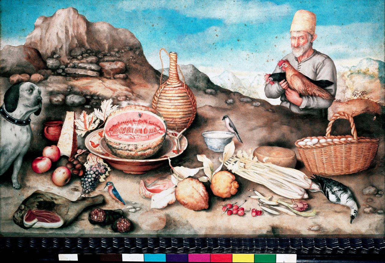 Natürmort Balık, kavun, jambon, enginar, kereviz, oyun. Giovanna Garzoni