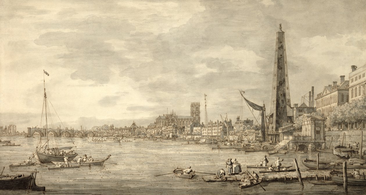 The Thames Looking towards Westminster from near York Water Gate (pen and brown ink with grey wash on paper) by Giovanni Antonio Canal
