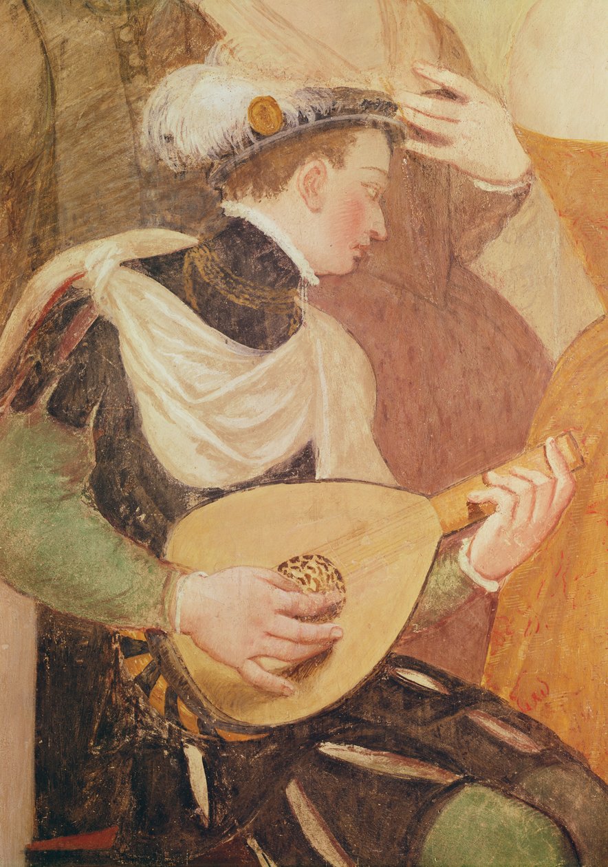Dansa Davet, bir müzisyen detayı, 1570 fresk by Giovanni Antonio Fasolo