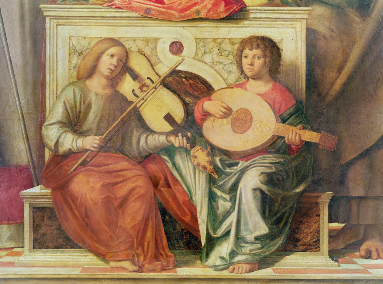 Detail of angel musicians from a painting of the Virgin and saints, 1496-99  by Giovanni Battista Cima da Conegliano