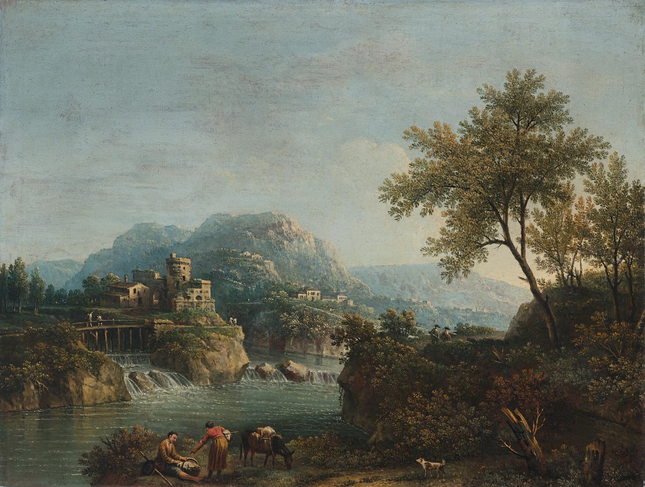 Rakamlar ve bir eşek ile nehir manzarası by Giovanni Battista Cimaroli