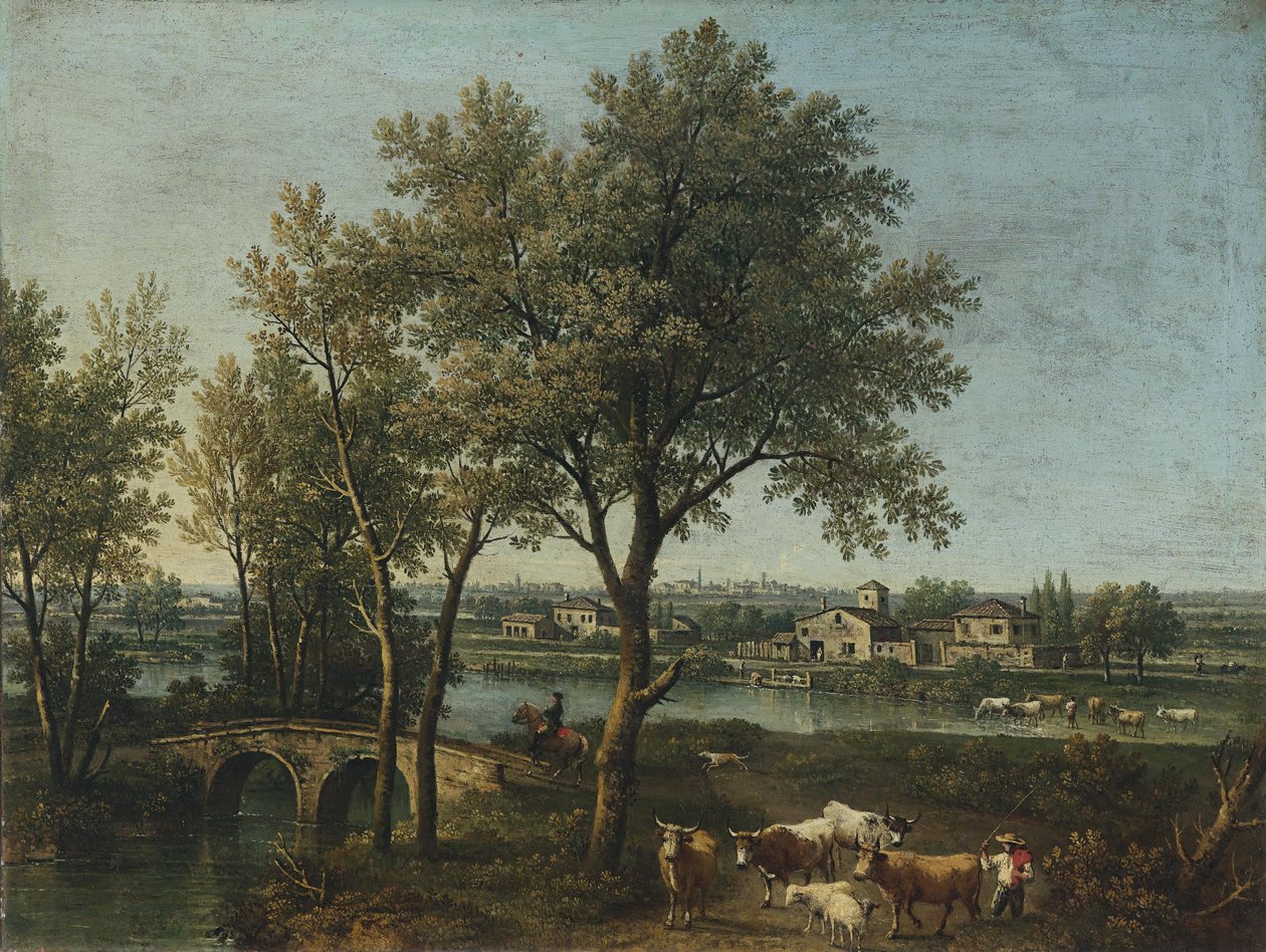 Bir çoban, sürü ve binici ile nehir manzarası by Giovanni Battista Cimaroli