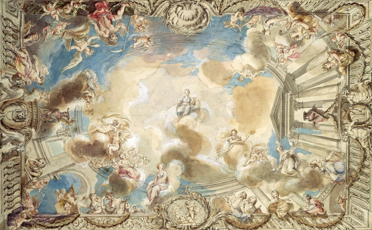 Sanata Başlayan Minerva'yı Betimleyen Tavan Tasarımı (kağıt üzerinde kalem ve mürekkep ve wc) by Giovanni Battista Cipriani