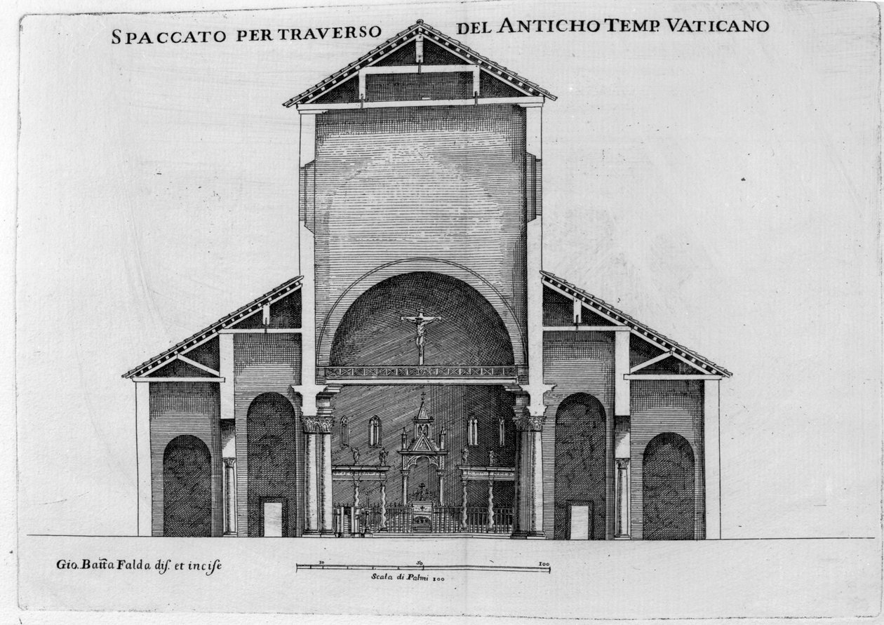 St.Peter's eski Vatikan kilisesinin bir kesiti by Giovanni Battista Falda