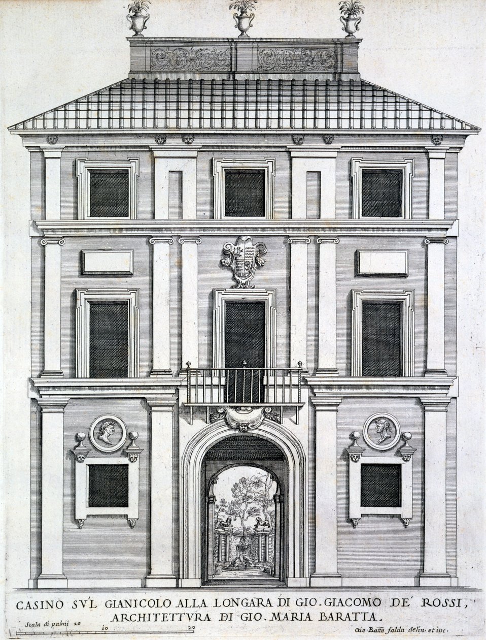 Gianicolo alla Longara'da Giacomo de Rossi'ye ait bahçe kumarhanesi, 'Palazzi di Roma'dan, c.1696-1702 yayınlandı by Giovanni Battista Falda