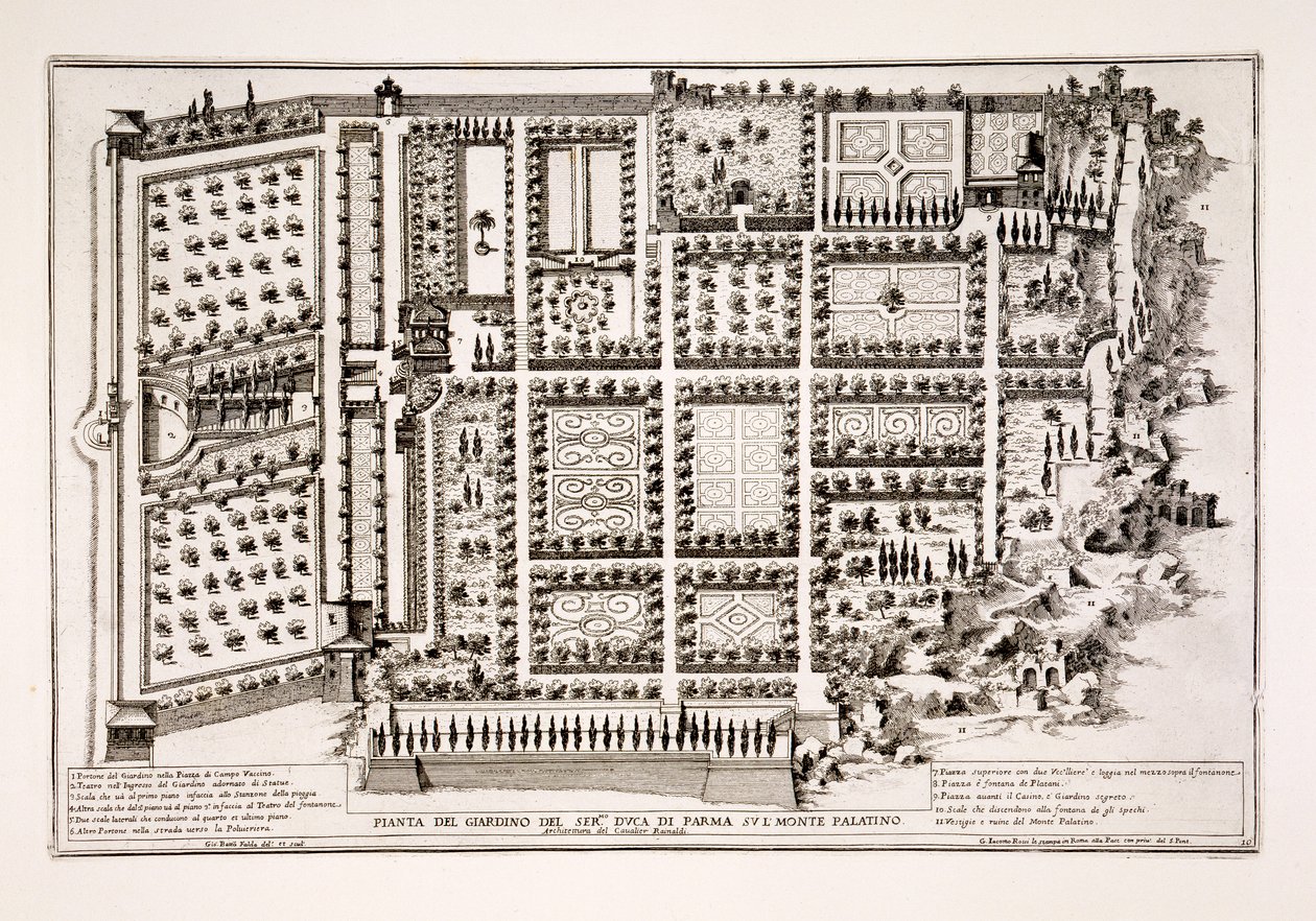 Palatine Tepesi'ndeki Parma Dükü Bahçesi, Roma, 'Modern Roma Perspektifinde Il Nuovo Teatro della Fabriche et Binalar'dan, c.1665-69'da yayınlandı (ayrıca bkz. 171686) by Giovanni Battista Falda
