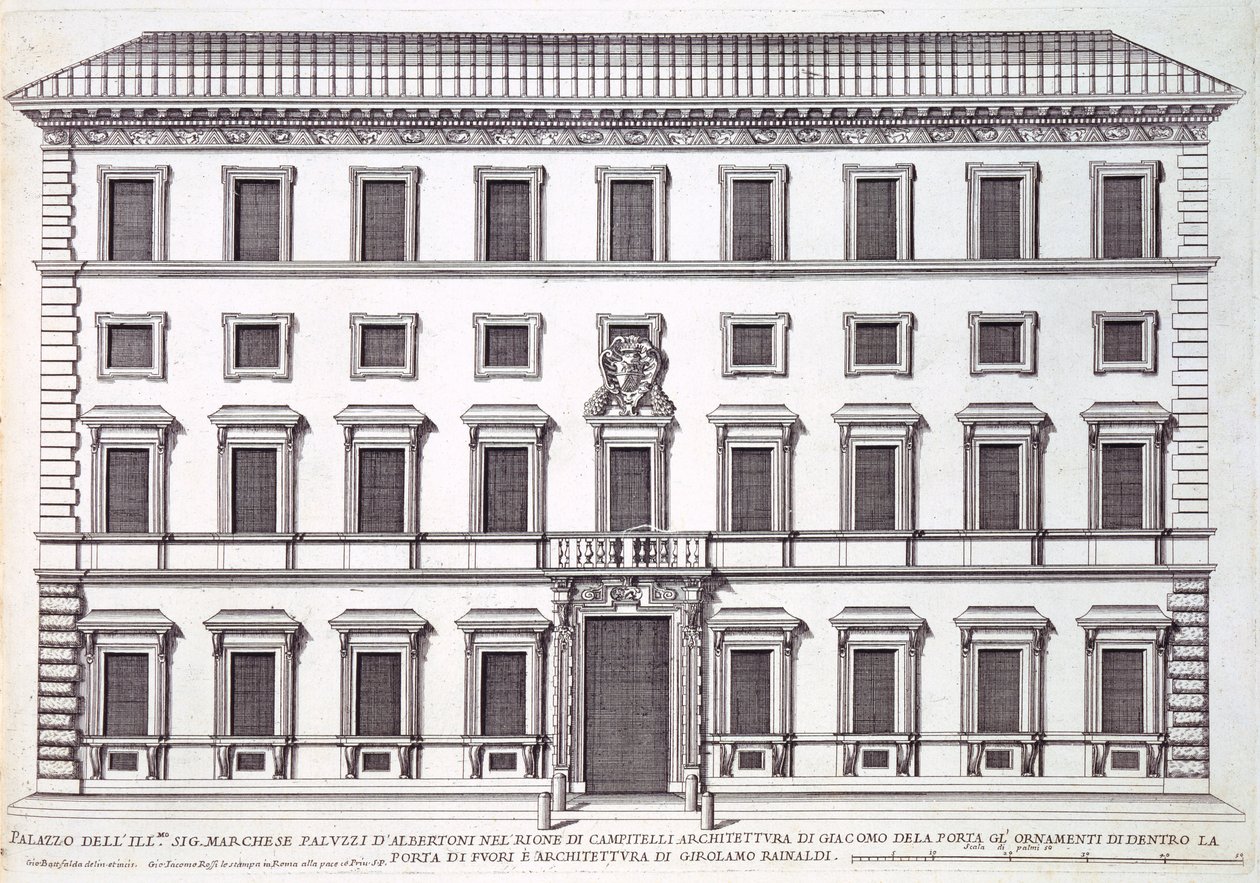 Giacomo della Porta (1538-1602) ve Girolamo Rainaldi (1570-1655) tarafından tasarlanan Palazzo Marchese, Roma cephesinin görünümü by Giovanni Battista Falda