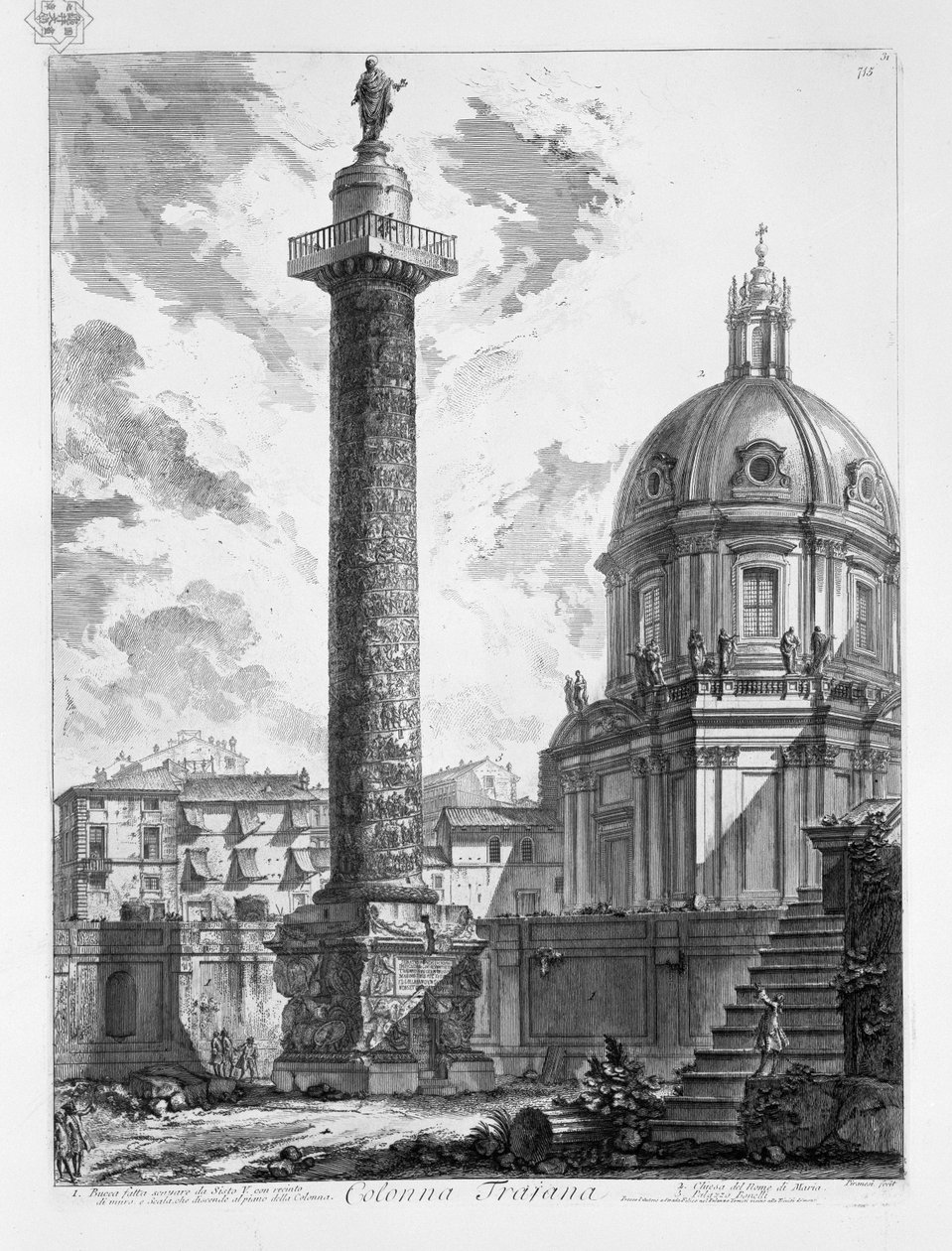 Trajan Sütunu. Sixtus V. tarafından bir duvar muhafazası ile kazılan Bucca ve Sütun tabanına inen Scala. Meryem Adı Kilisesi. Bonelli Sarayı by Giovanni Battista Piranesi
