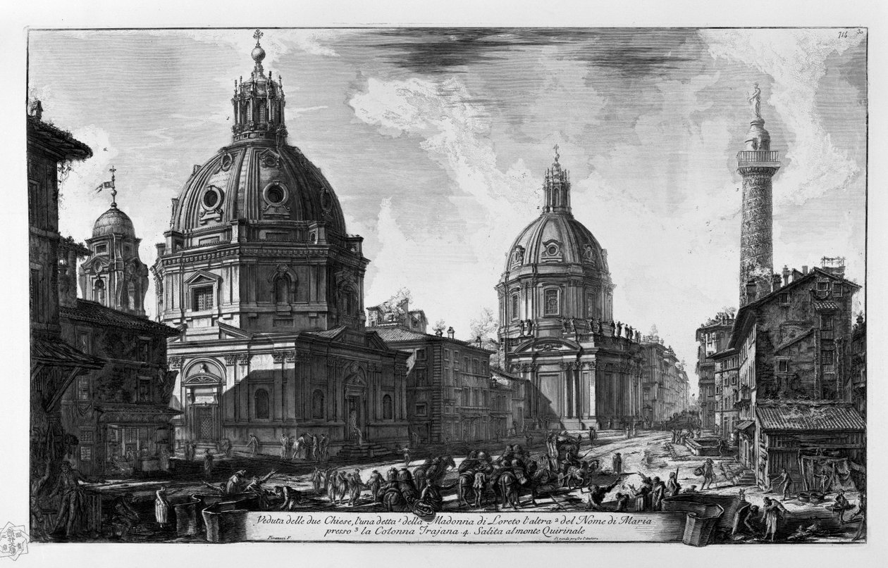 İki kilisenin görünümü. Santa Maria di Loreto Kilisesi Santissimo Nome di Maria Colonna Traiana Kilisesi. Quirinale Dağı