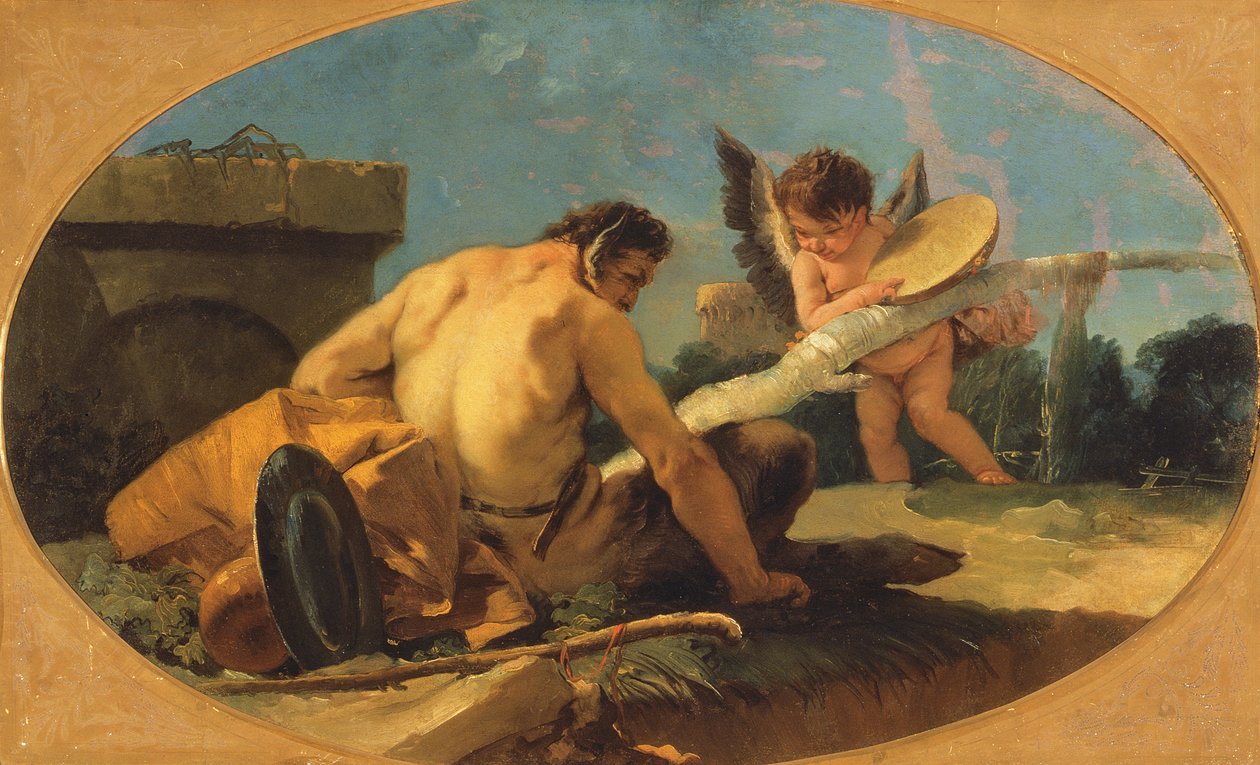 ತಂಬೂರಿ ಟರ್ಕಿಯೊಂದಿಗೆ ಸಟೈರ್ ಮತ್ತು ಪುಟ್ಟೋ by Giovanni Battista Tiepolo