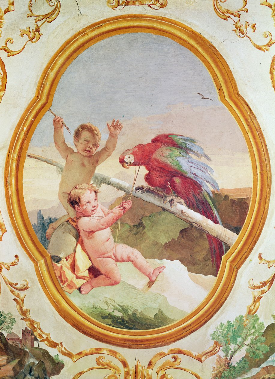 Bir papağan ile oynayan iki putti by Giovanni Battista Tiepolo