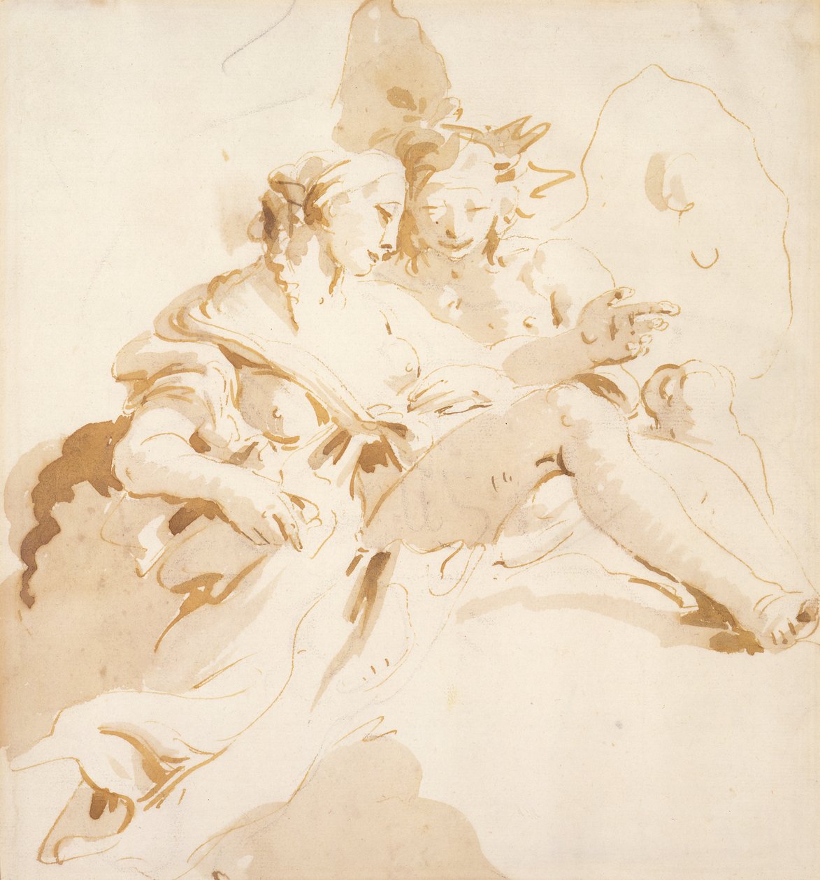 Zephyr ve Flora (kalem ve kahverengi mürekkep, kahverengi astarlı, siyah tebeşir üzerine, kağıt üzerine) by Giovanni Battista Tiepolo