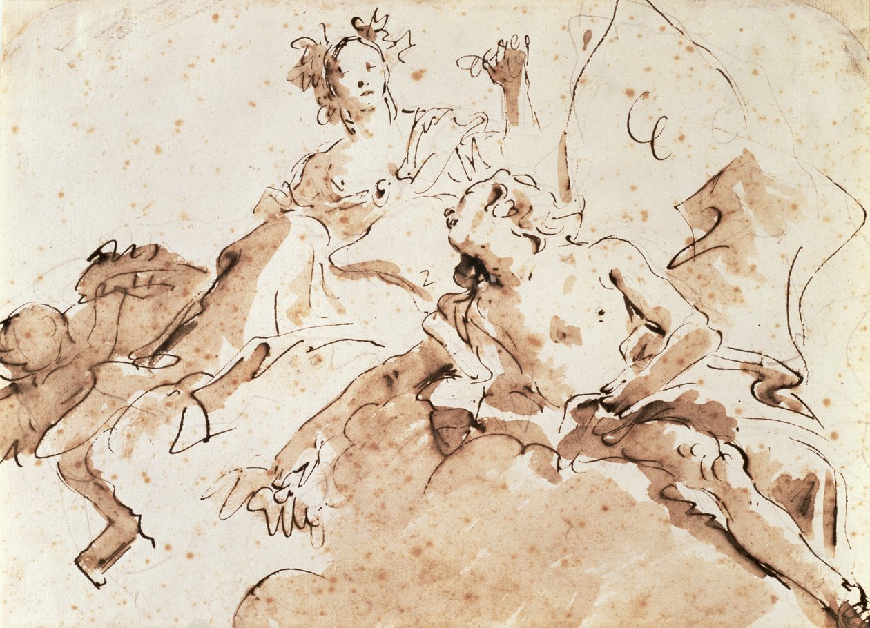 Zephyrus ve Flora (kağıt üzerinde siyah tebeşir üzerine kalem ve kahverengi yıkama) by Giovanni Battista Tiepolo