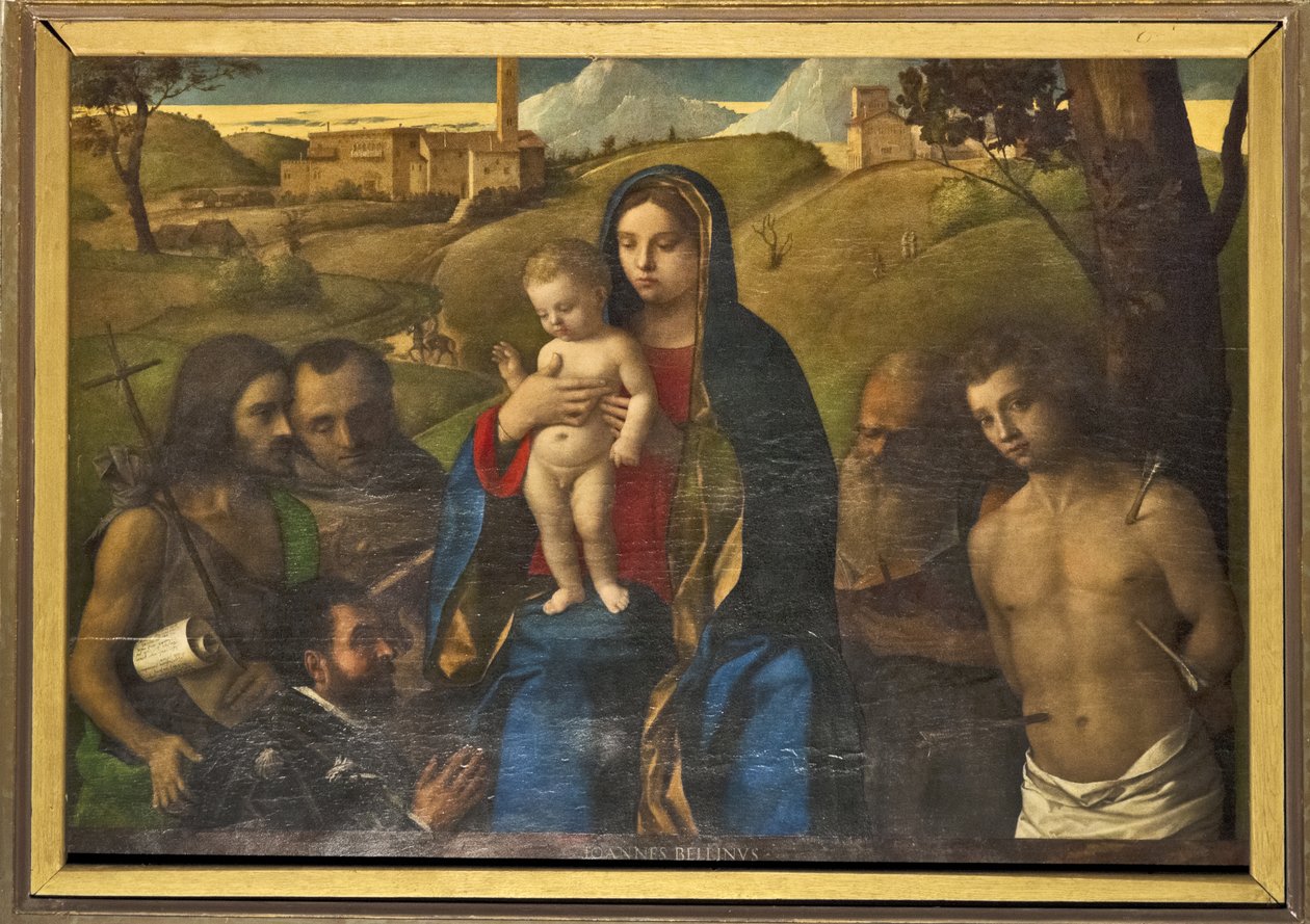 Madonna ve Dört Azizli Çocuk (Vaftizci Yahya, Francis, Jerome ve Sebastian (soldan sağa)) ve Bağışçı by Giovanni Bellini