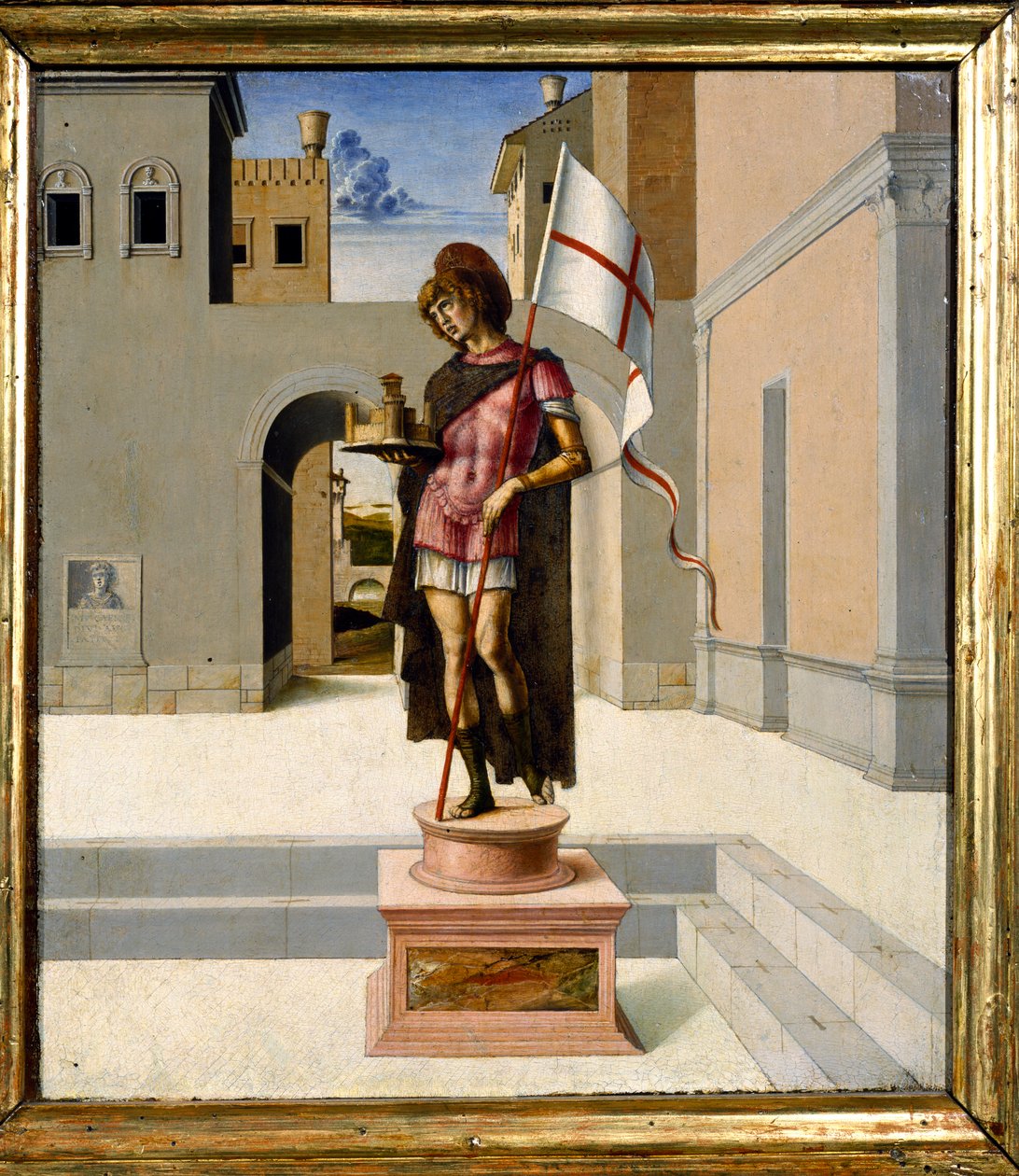 St. George bir kasaba meydanında çok renkli bir heykel olarak tasvir edilmiştir, predella (panel) (ayrıca bkz. 85578) by Giovanni Bellini