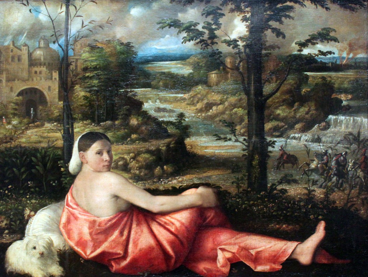 Bir manzara içinde dinlenen genç bir kadının portresi by Giovanni de Busi Cariani