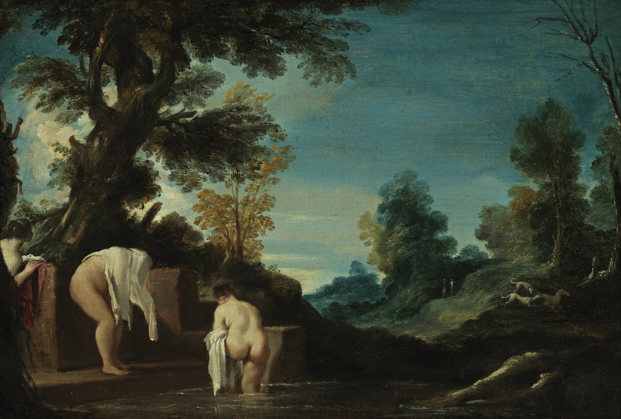 Yıkanan Kadınlarla Manzara by Giovanni Francesco Barbieri