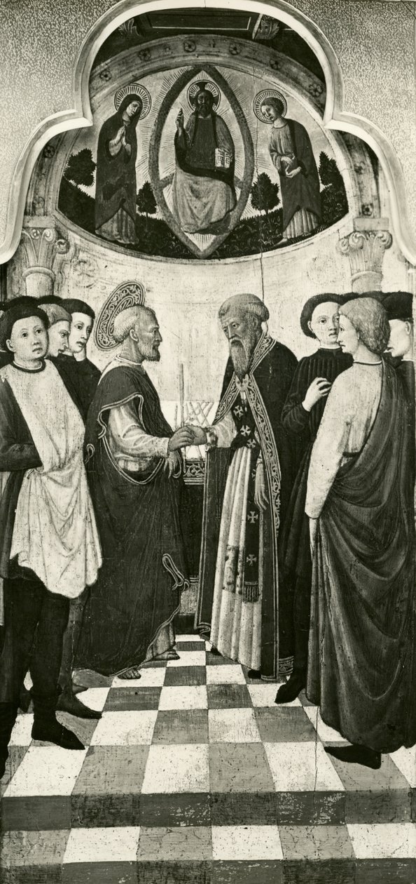 Bakire'nin Yaşam Döngüsü, Meryem Ana'nın Tapınakta Kutsanması, c.1445 kavak panel üzerine yağlı boya bw photo by Giovanni Francesco da Rimini