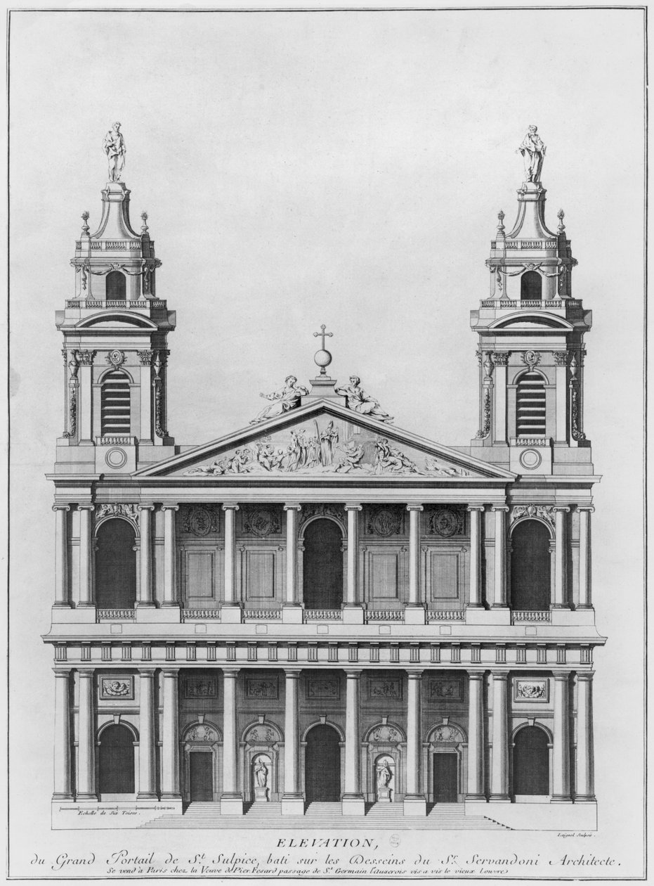 Saint-Sulpice Kilisesi, cephenin yükselmesi, Paris, Loignel veya Laignel tarafından oyulmuş by Giovanni Niccolo Servandoni