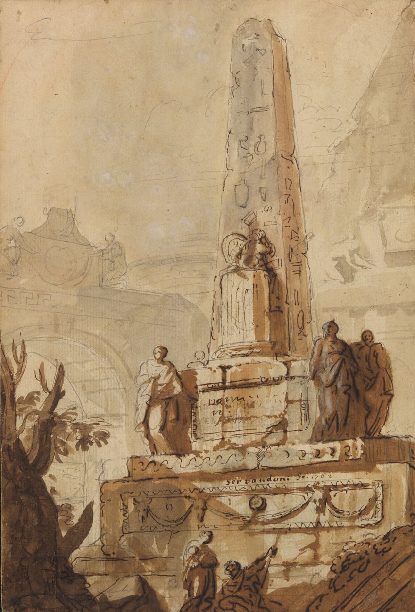 Harabeler, kemer ve piramit ile bir manzarada Mısır dikilitaşı by Giovanni Niccolo Servandoni