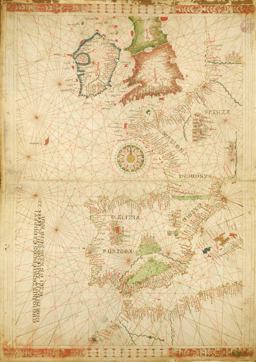 The Atlantic Coasts of Europe and Africa, from a nautical Atlas, 1520 (ink on vellum) (see also 330911-330912) by Giovanni Xenodocus da Corfu